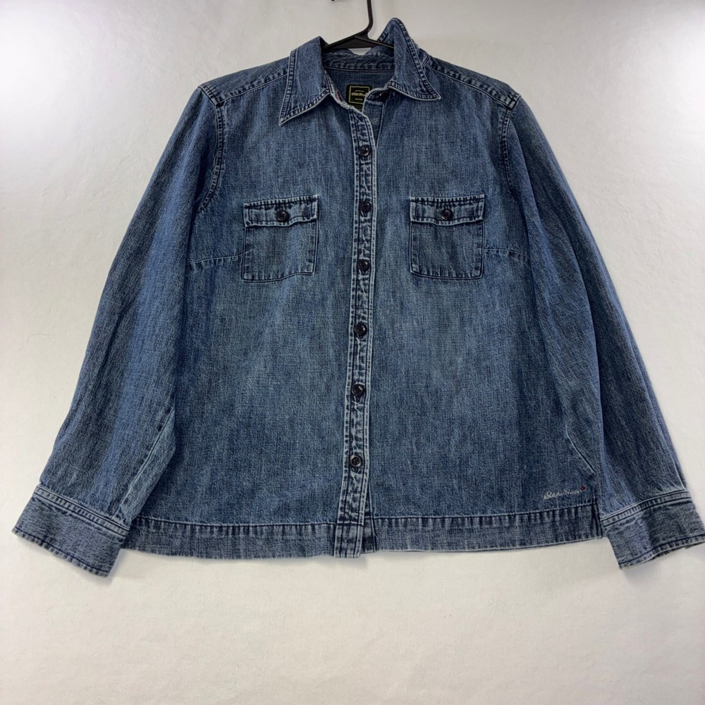 523 Vintage Eddie Bauer Denim Button Up Shirt M Blue Long Sleeve Utility